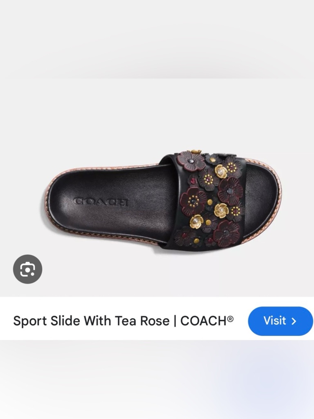 Coach Black Leather Floral Slide with Gold Studs